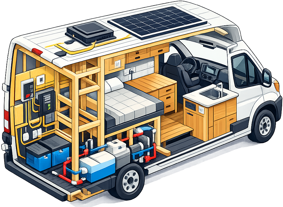 Cutaway illustration of a fully converted camper van showing bed, kitchen, electrical and plumbing systems