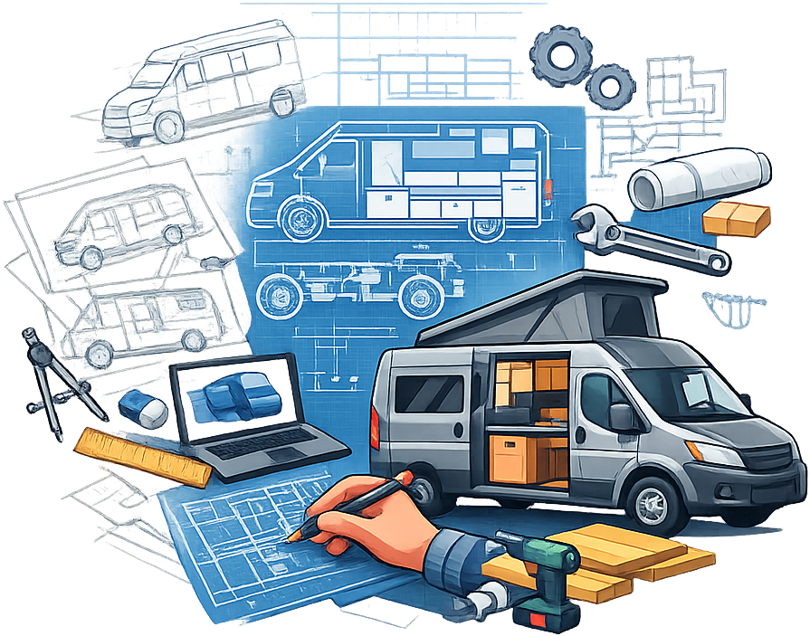 Illustration of planning a van build from blueprint to finished conversion